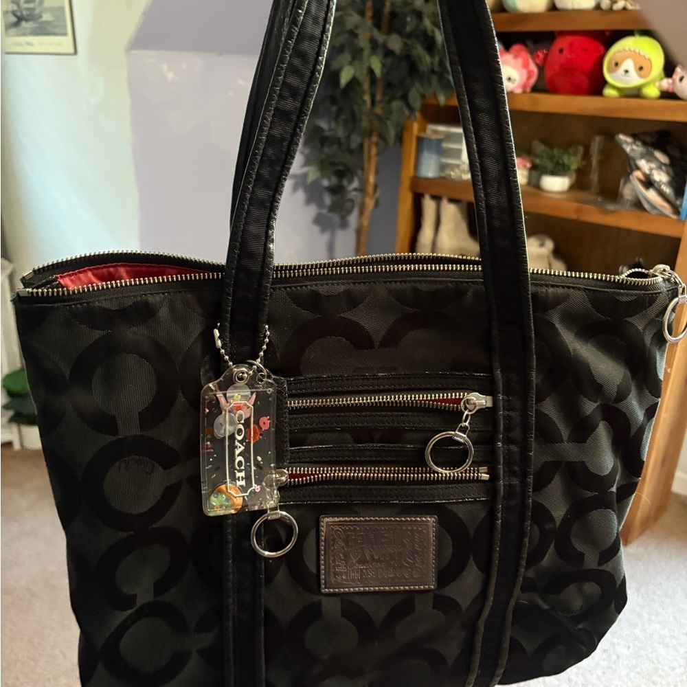 Coach Poppy Black Signature Tote with Silver Accents
